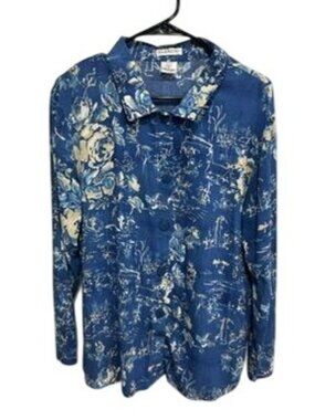 Paradiso Small Blue Floral Rayon Button Up Long Sleeve Shirt Floralcore Boho